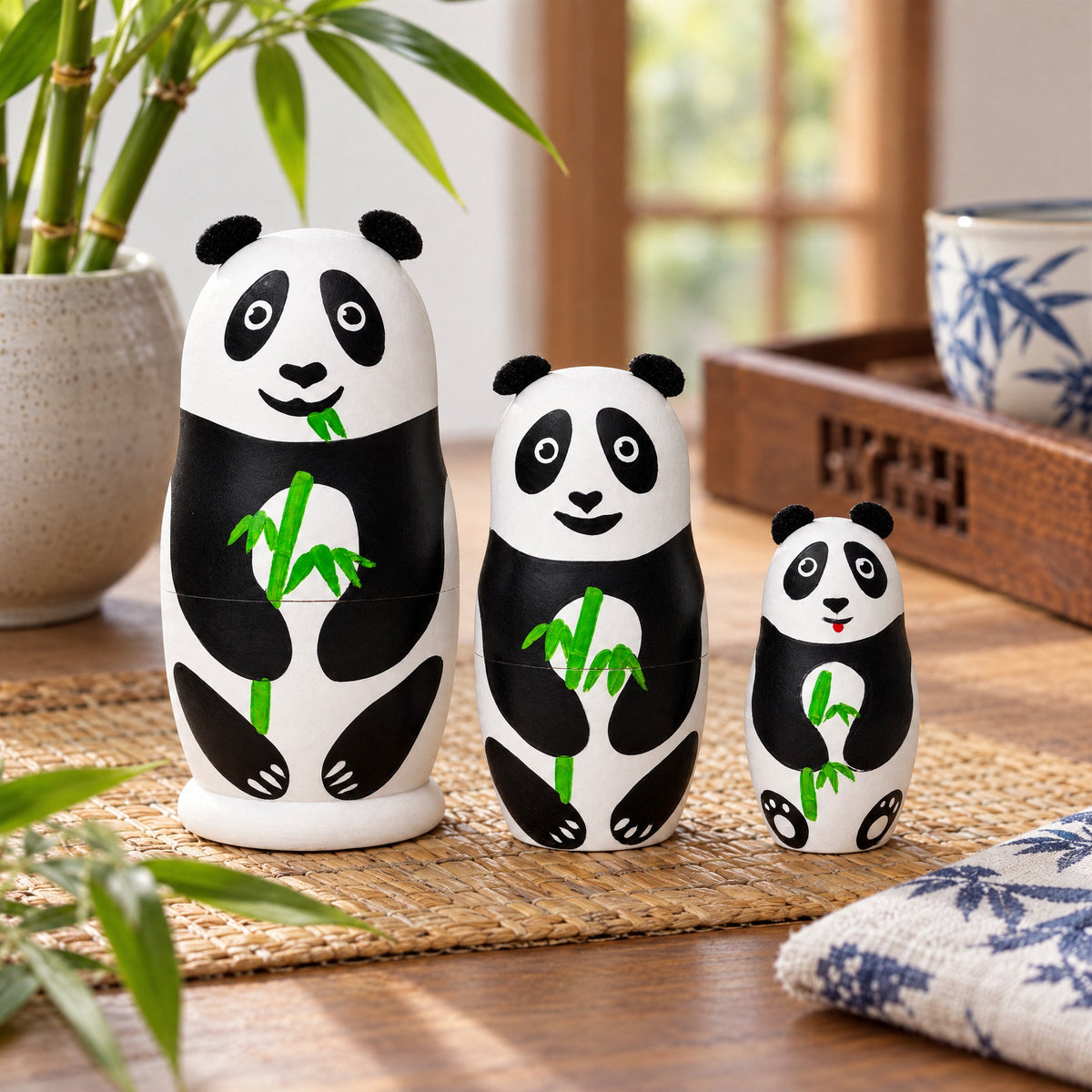 Set of 3 Panda Family Wooden Nesting Dolls