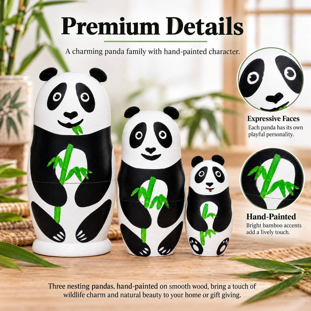 Set of 3 Panda Family Wooden Nesting Dolls