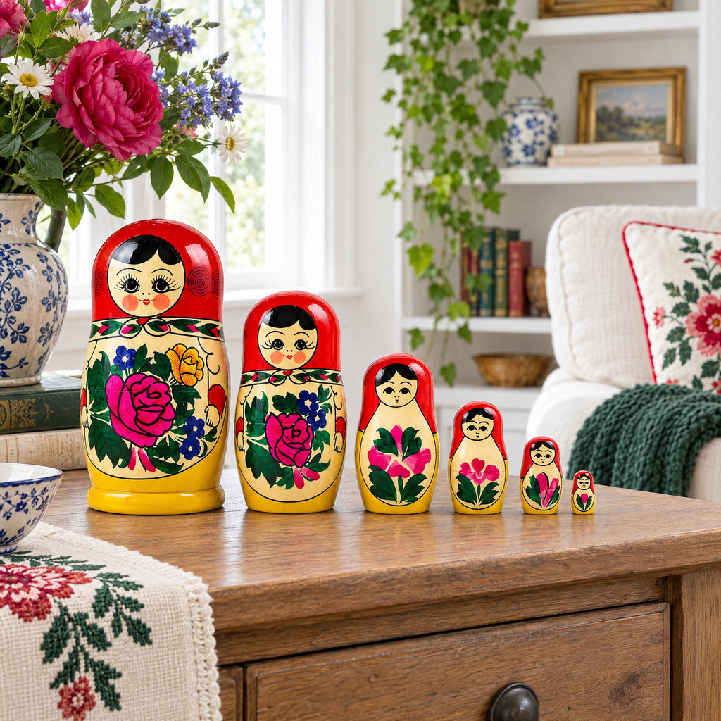 Set of 7 Wooden Semenov Nesting Dolls - Blooming Rose Matryoshka 7 Inches