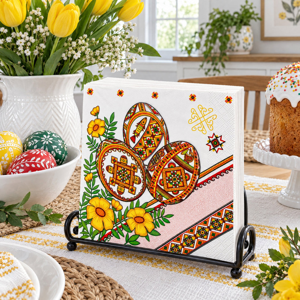 20 Pack of Ukrainian Paper Napkins 3-ply Easter Eggs Pysanky - Folded 6.5 x 6.5 Inches