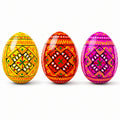 Set of 3 Yellow, Pink, Orange Geometric Ukrainian Pysanky Wooden Easter Eggs 2.5 Inches