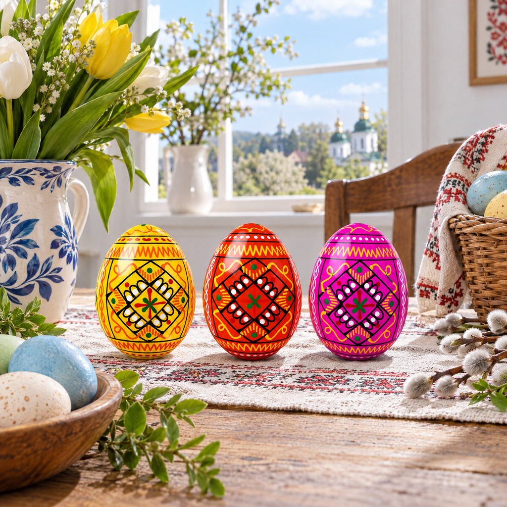Set of 3 Yellow, Pink, Orange Geometric Ukrainian Pysanky Wooden Easter Eggs 2.5 Inches