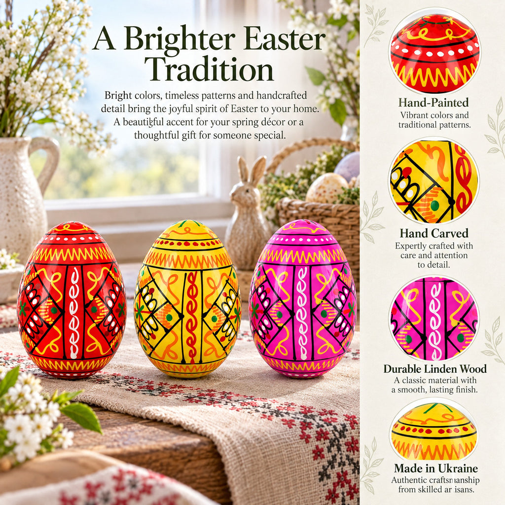 Set of 3 Yellow, Pink, Orange Geometric Ukrainian Pysanky Wooden Easter Eggs 2.5 Inches