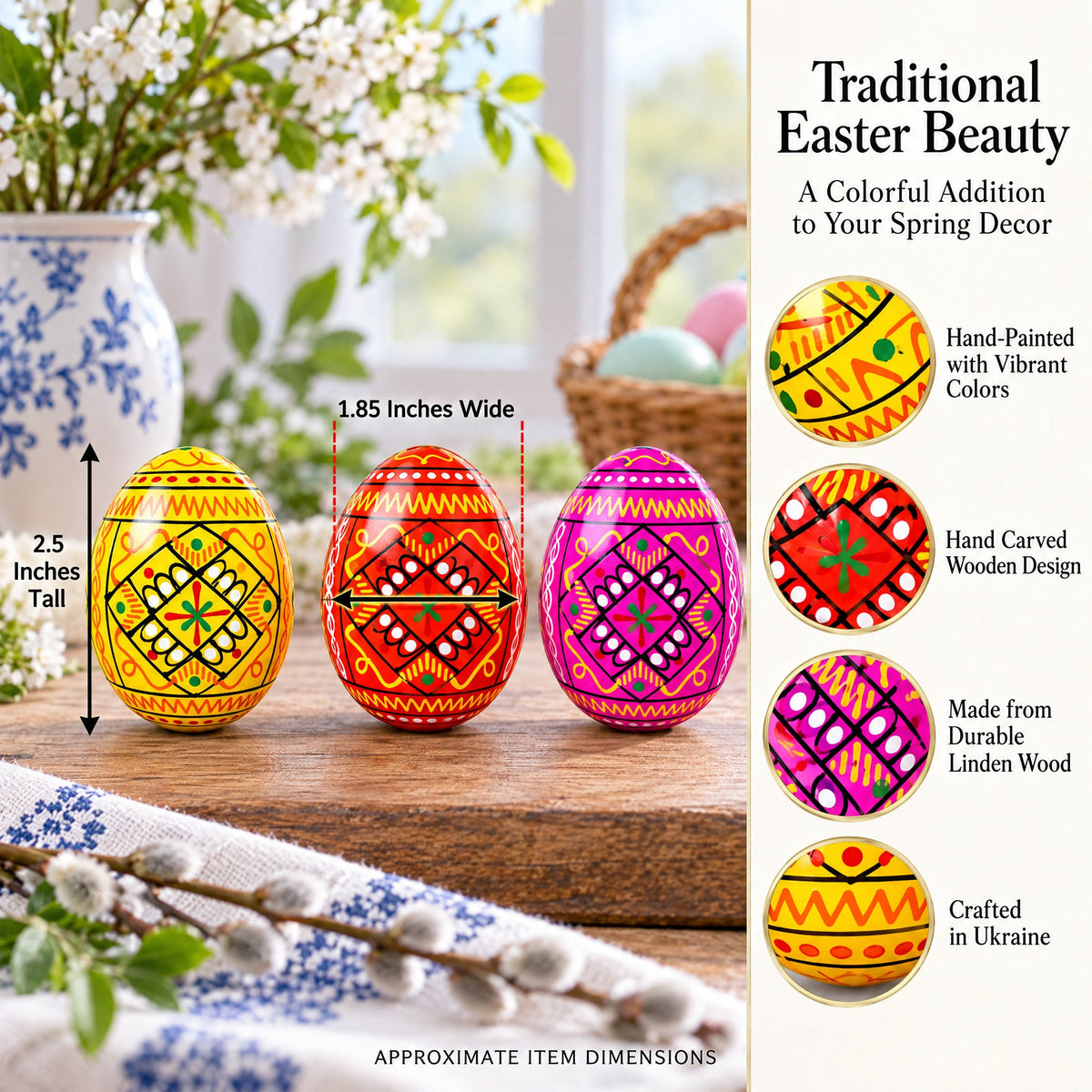 Set of 3 Yellow, Pink, Orange Geometric Ukrainian Pysanky Wooden Easter Eggs 2.5 Inches