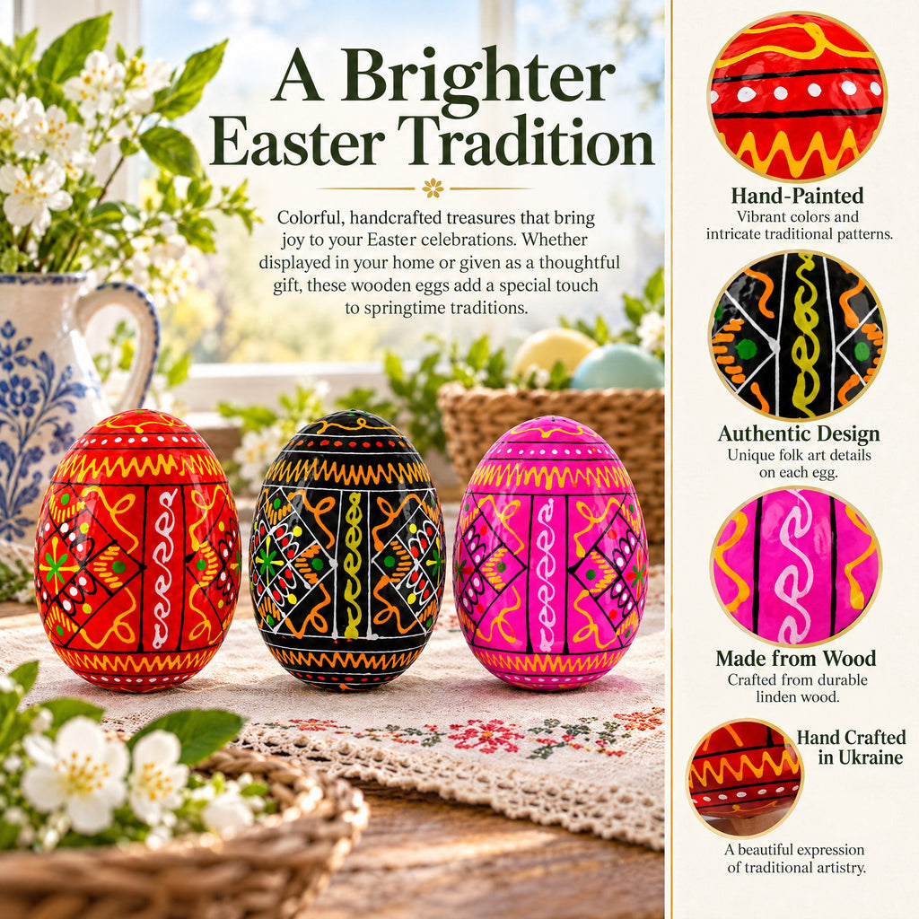 Set of 3 Red Shades Geometric Ukrainian Pysanky Wooden Easter Eggs 2.5 Inches