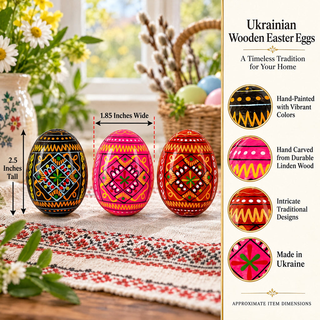 Set of 3 Red Shades Geometric Ukrainian Pysanky Wooden Easter Eggs 2.5 Inches