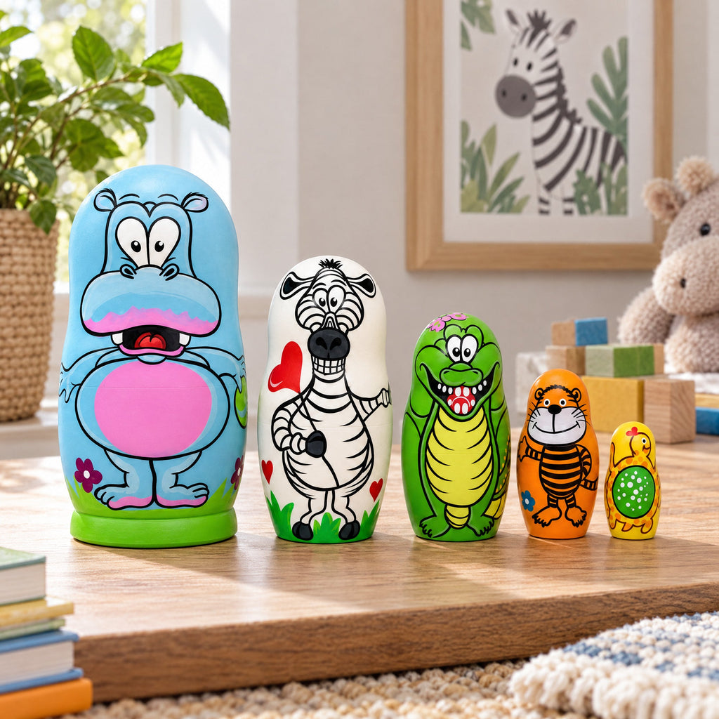 Set of 5 Hippo, Zebra and Tiger Wooden Animal Nesting Dolls 6 Inches