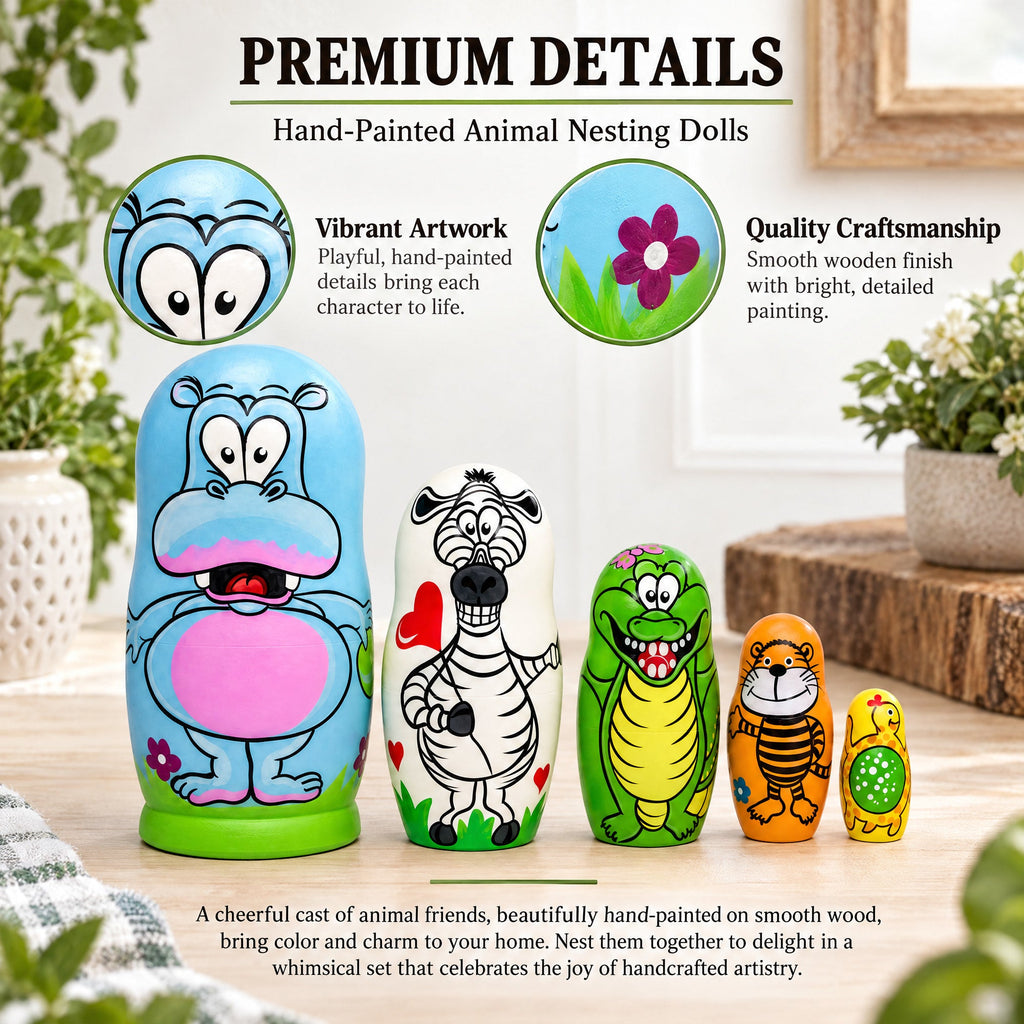 Set of 5 Hippo, Zebra and Tiger Wooden Animal Nesting Dolls 6 Inches