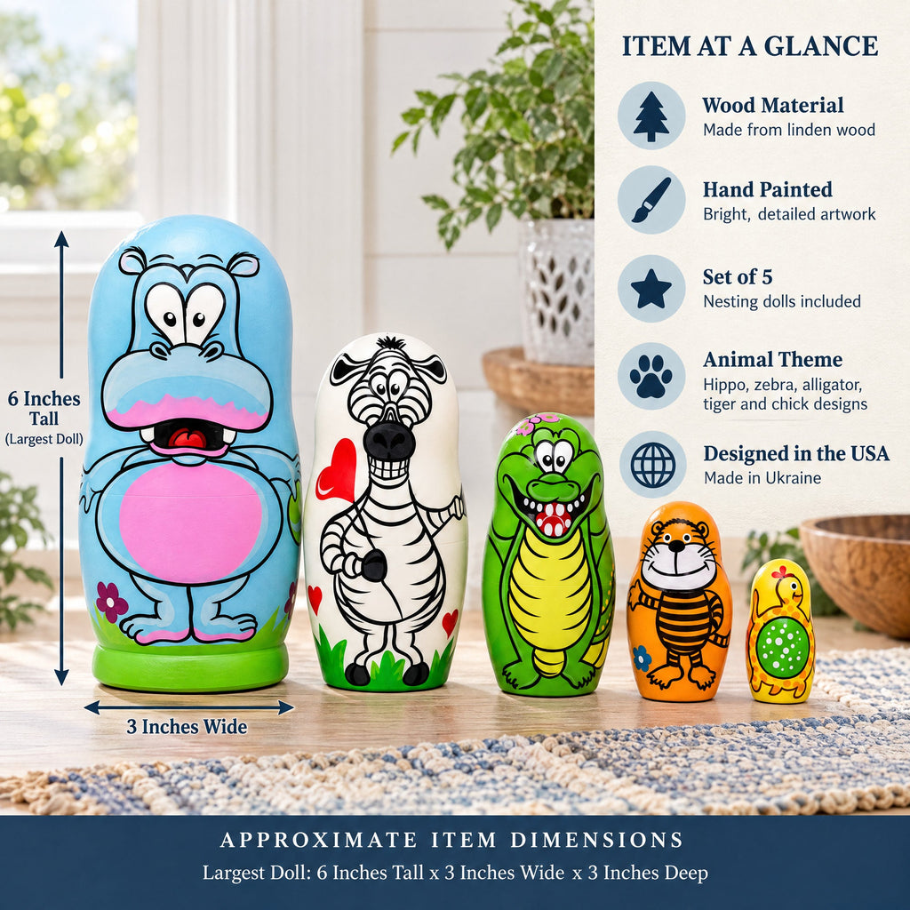Set of 5 Hippo, Zebra and Tiger Wooden Animal Nesting Dolls 6 Inches