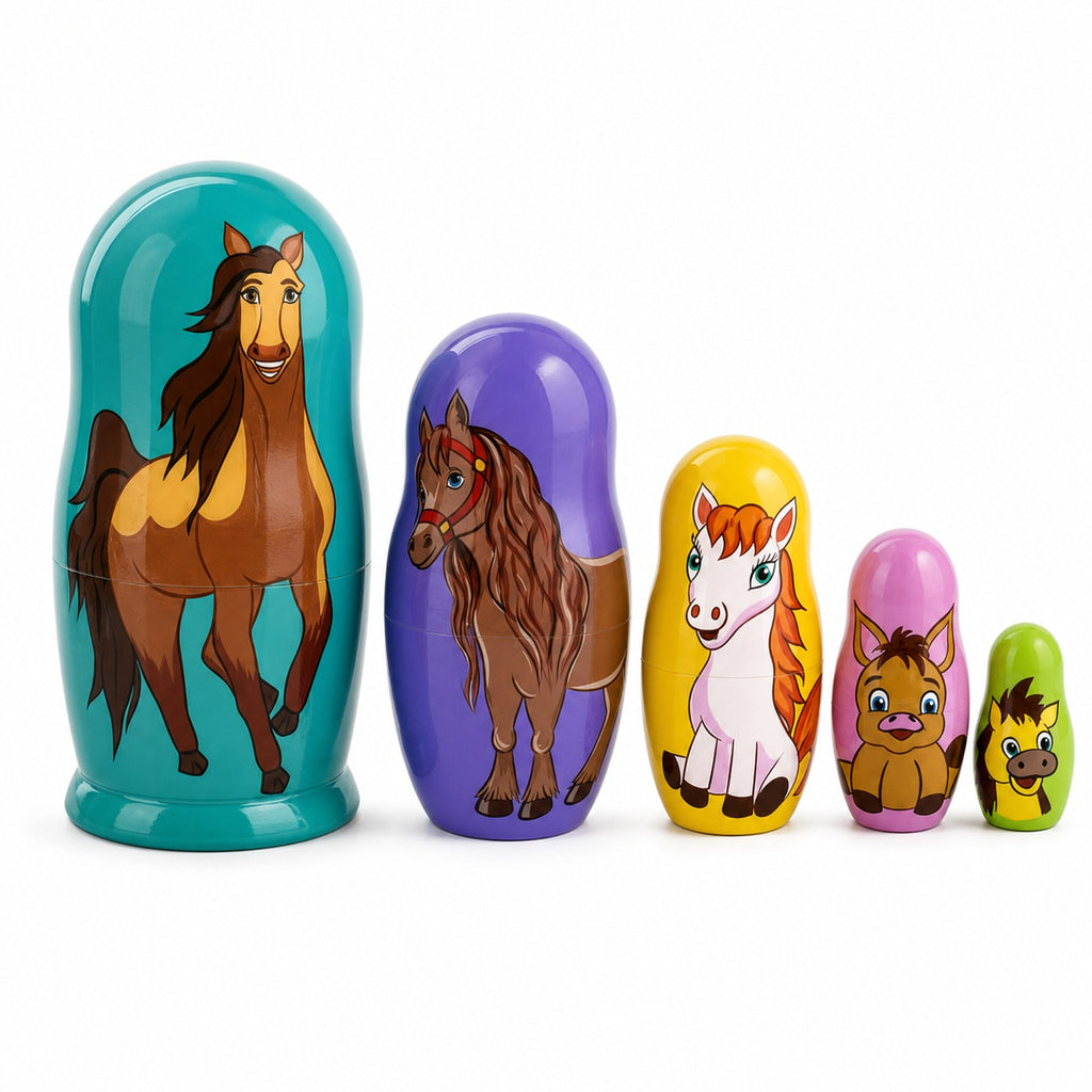 Set of 5 Horses Wooden Nesting Dolls 6 Inches