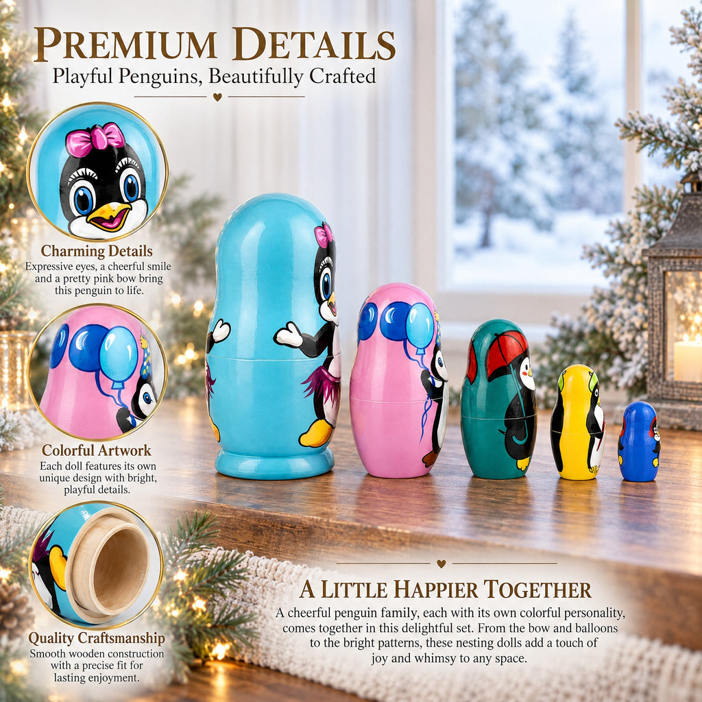 Set of 5 Penguins Wooden Nesting Dolls 6 Inches
