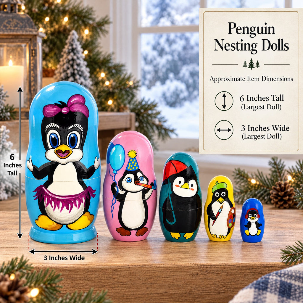 Set of 5 Penguins Wooden Nesting Dolls 6 Inches