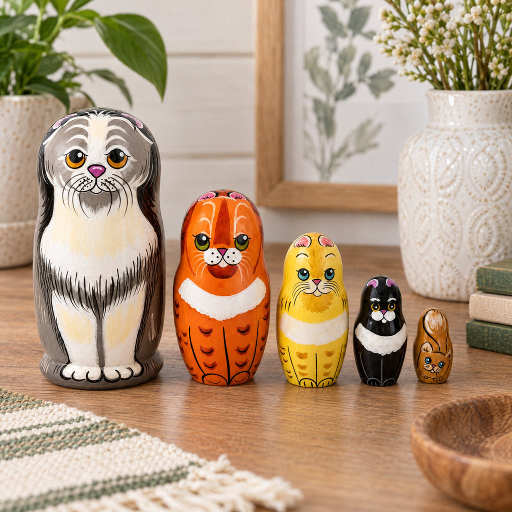 Set of 5 Cats Family Wooden Nesting Dolls 6 Inches