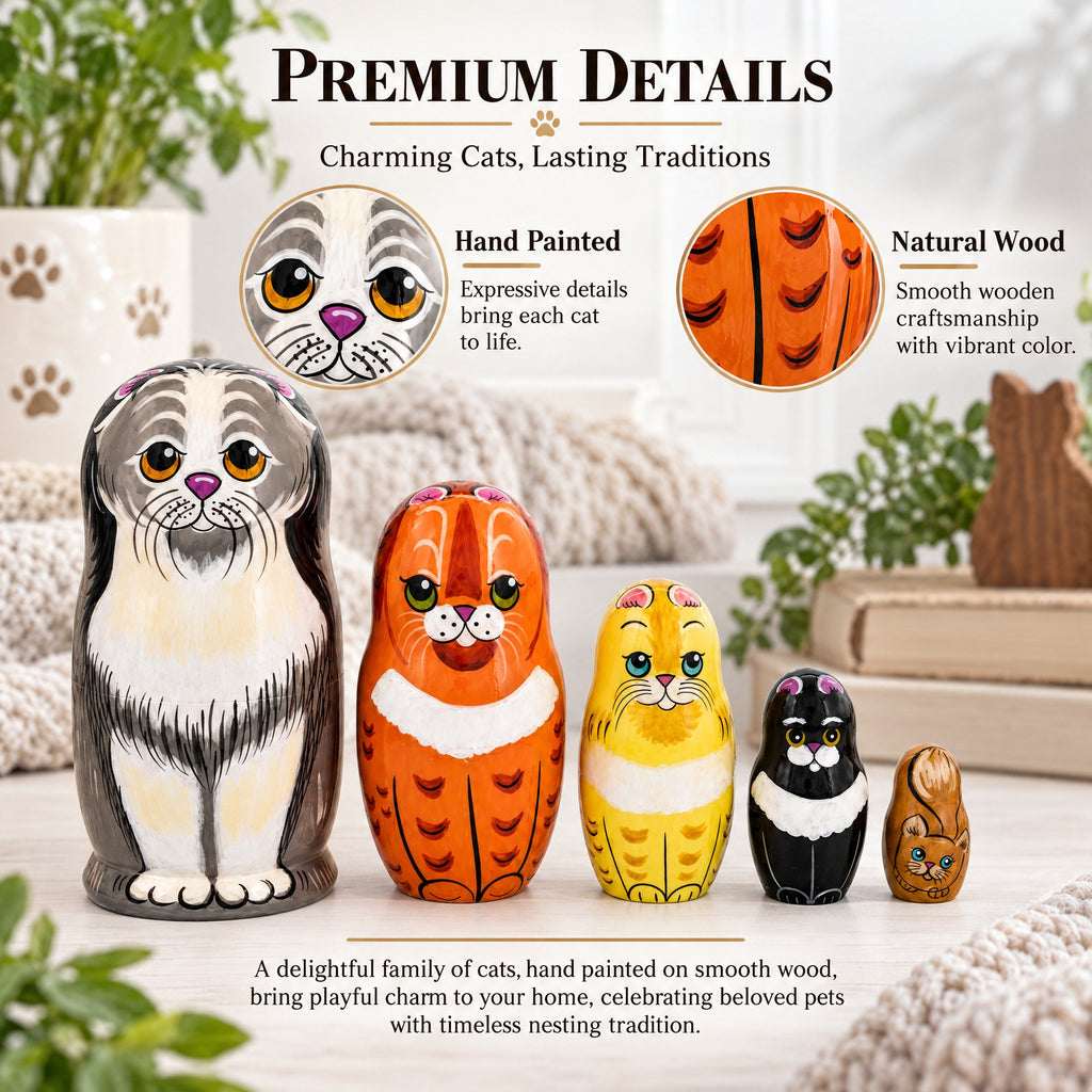 Set of 5 Cats Family Wooden Nesting Dolls 6 Inches