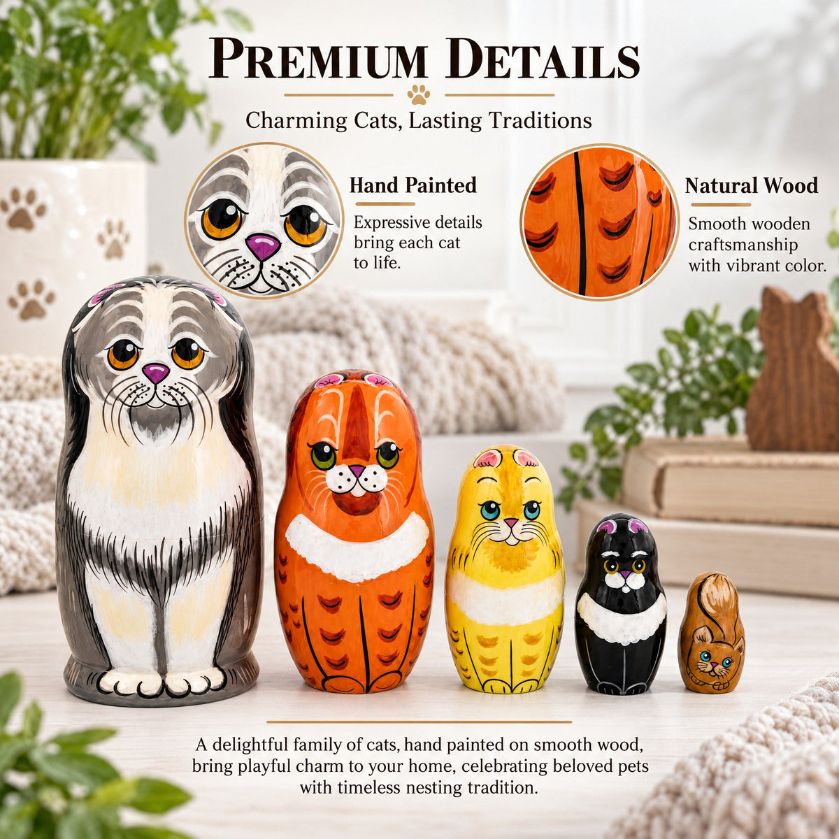 Set of 5 Cats Family Wooden Nesting Dolls 6 Inches