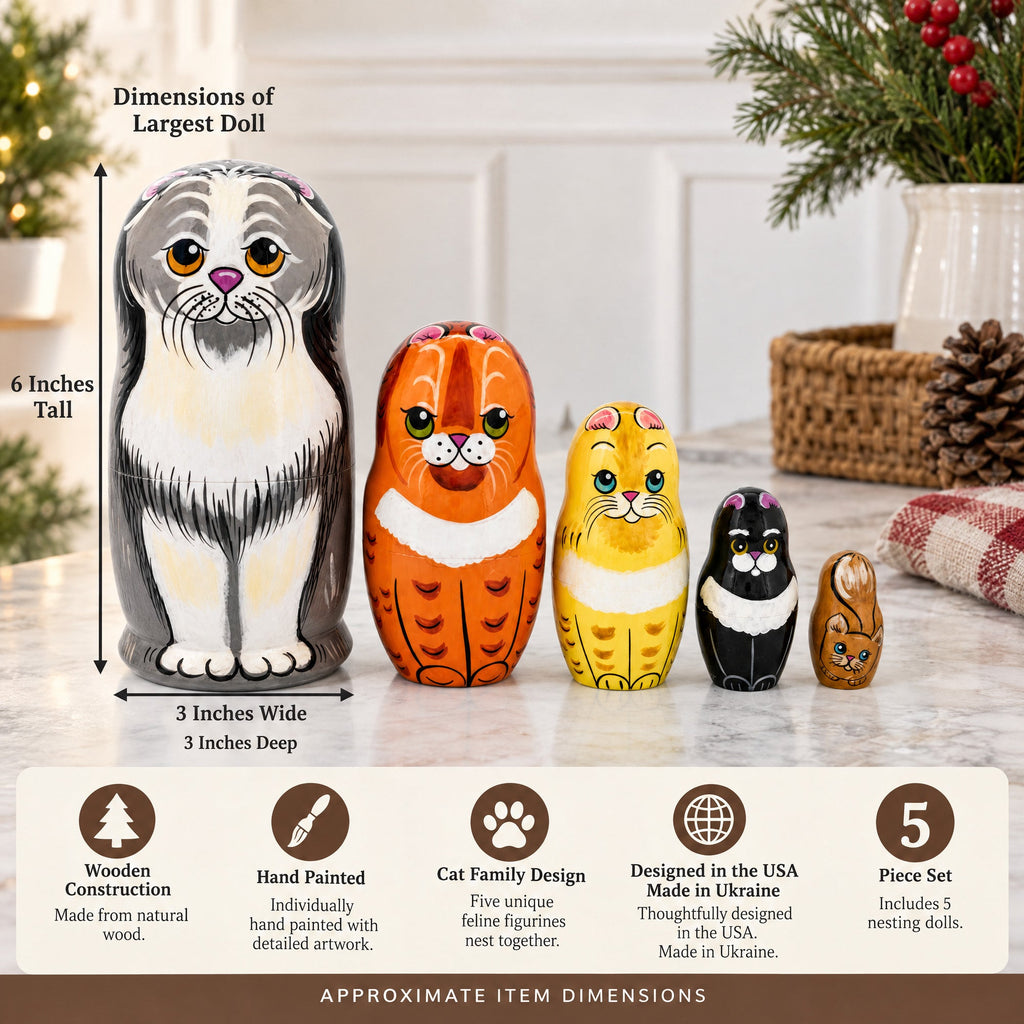 Set of 5 Cats Family Wooden Nesting Dolls 6 Inches