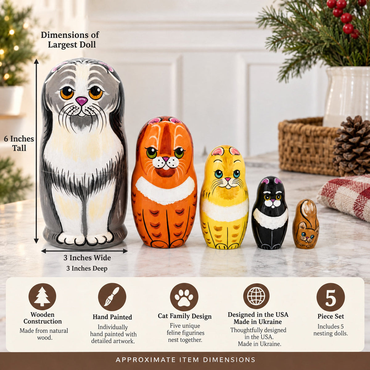 Set of 5 Cats Family Wooden Nesting Dolls 6 Inches