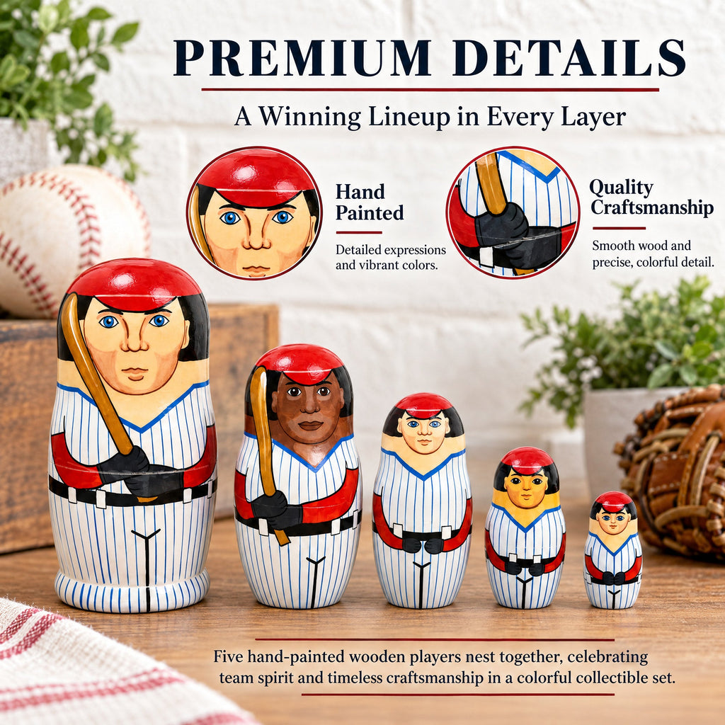 Set of 5 Baseball Wooden Nesting Dolls 6 Inches