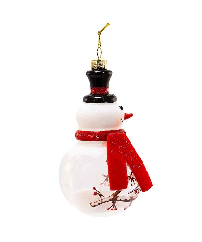 Glass Snowman With Chickadee Ornaments