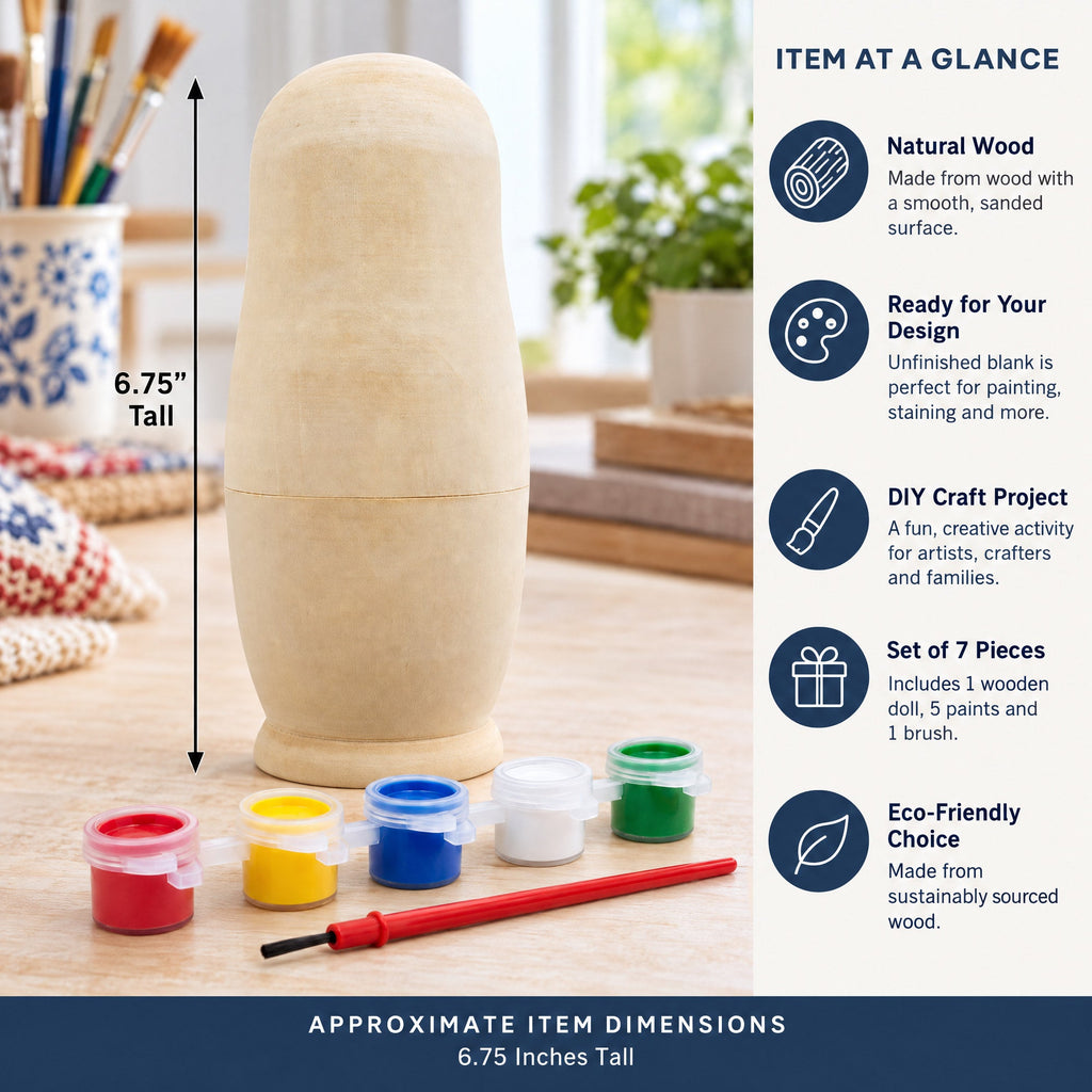 Unfinished Wooden Nesting Doll DIY Craft Blank for Painting 6.75 Inches
