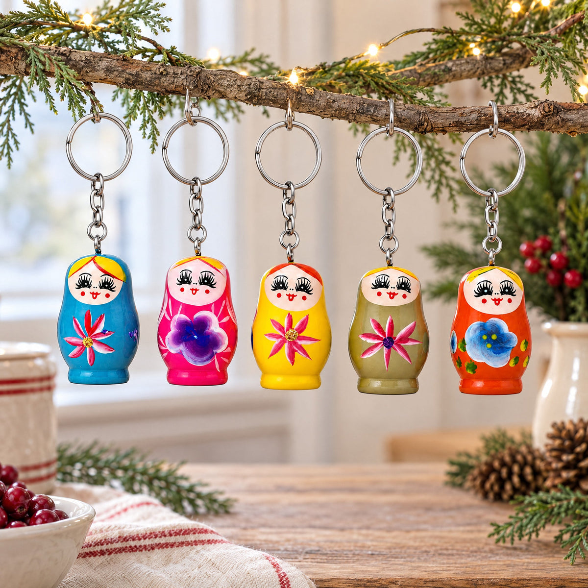5 Wooden Nesting Dolls Key Chains 1.75 Inches
