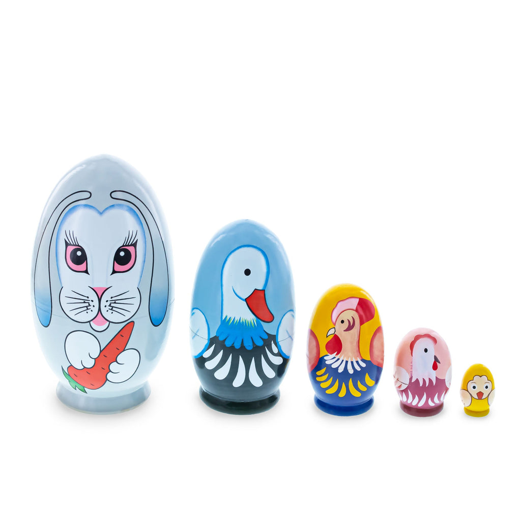 5 Bunny, Duck, Rooster, Hen & Chick Egg Shape Wooden Nesting Dolls 5 Inches