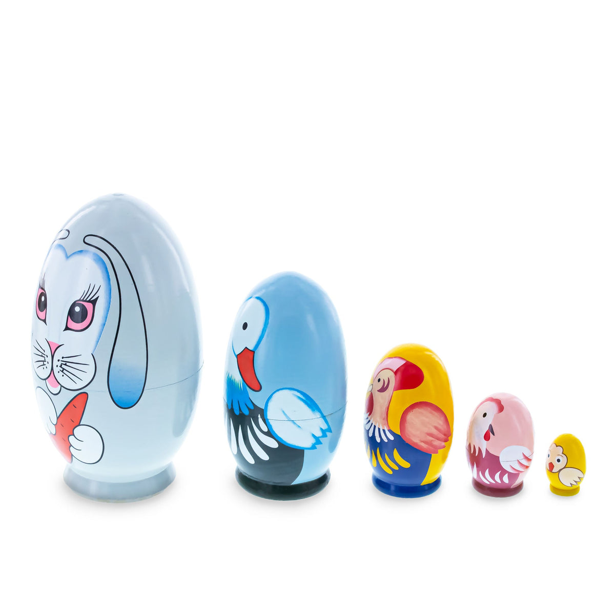 5 Bunny, Duck, Rooster, Hen & Chick Egg Shape Wooden Nesting Dolls 5 Inches