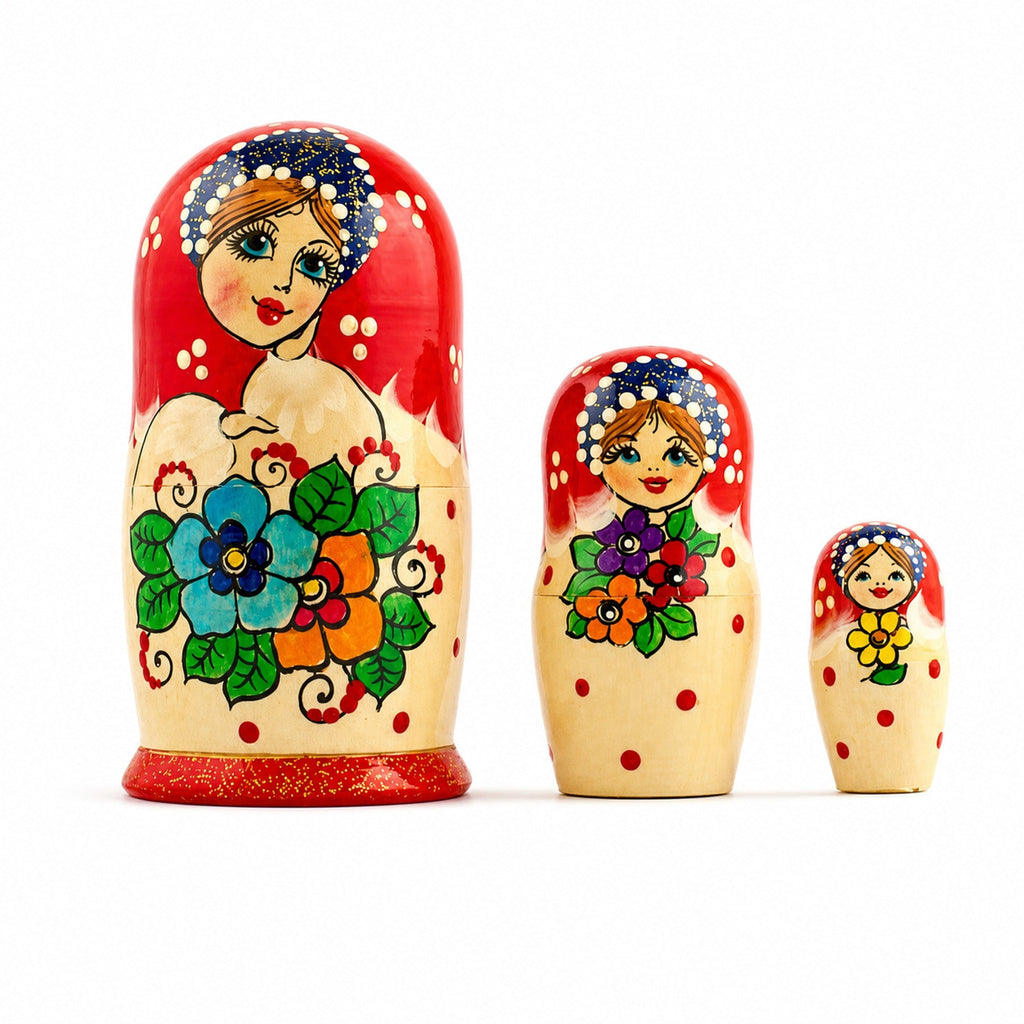 Set of 3 Wooden Floral Nesting Dolls - 3" Blue & Orange Flower Matryoshka