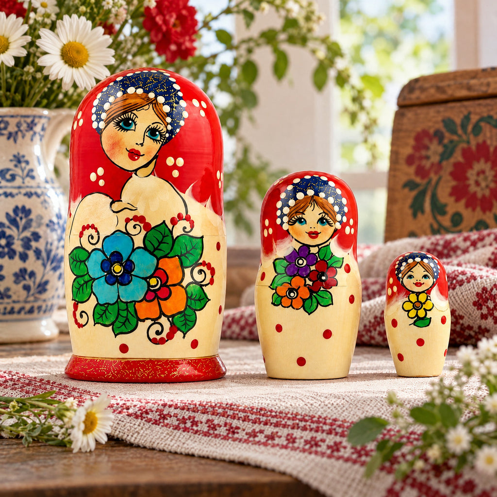 Set of 3 Wooden Floral Nesting Dolls - 3" Blue & Orange Flower Matryoshka