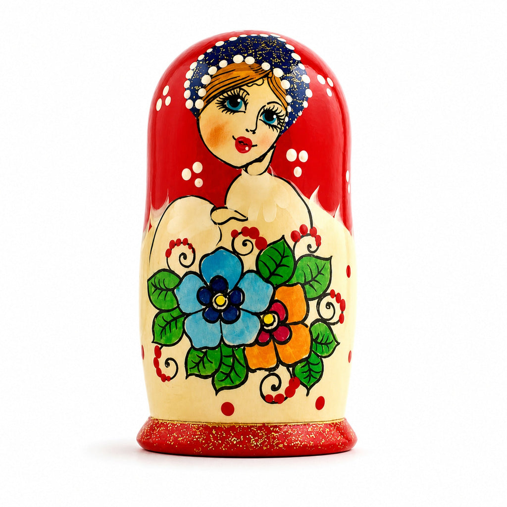 Set of 3 Wooden Floral Nesting Dolls - 3" Blue & Orange Flower Matryoshka