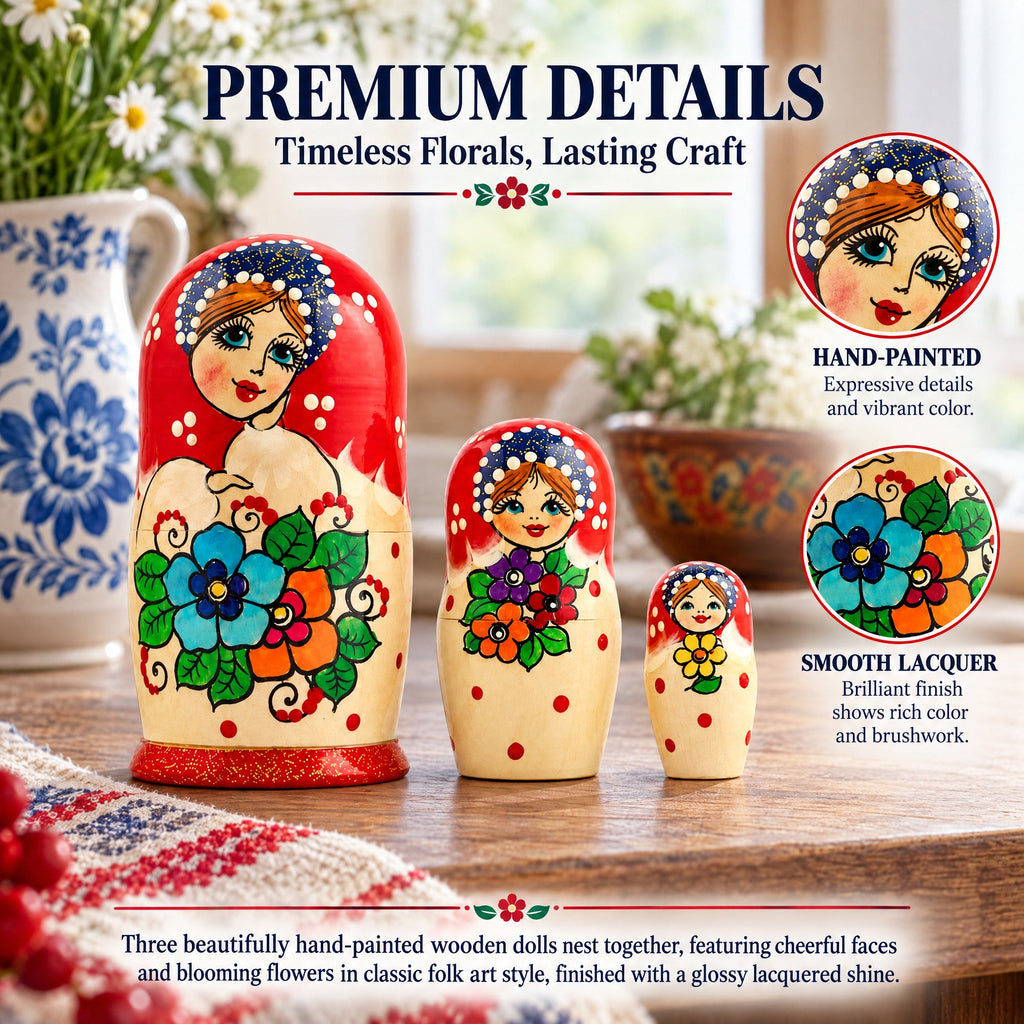 Set of 3 Wooden Floral Nesting Dolls - 3" Blue & Orange Flower Matryoshka