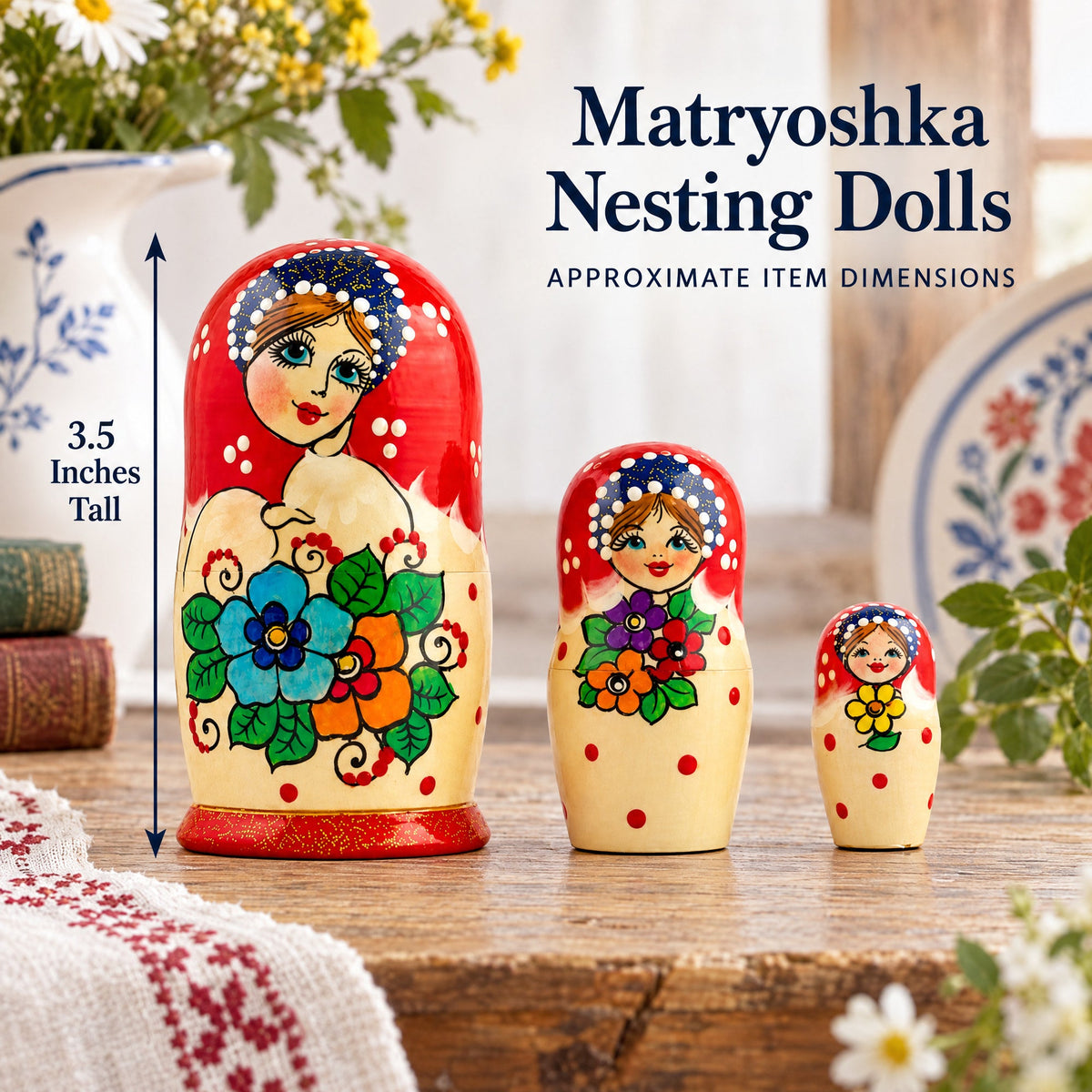 Set of 3 Wooden Floral Nesting Dolls - 3" Blue & Orange Flower Matryoshka