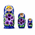 Set of 3 Wooden Floral Nesting Dolls - 3.5" Blue & Purple Flower Matryoshka