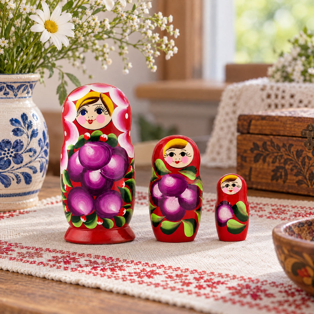 Set of 3 Wooden Floral Nesting Dolls - 3.5" Red Flower Matryoshka
