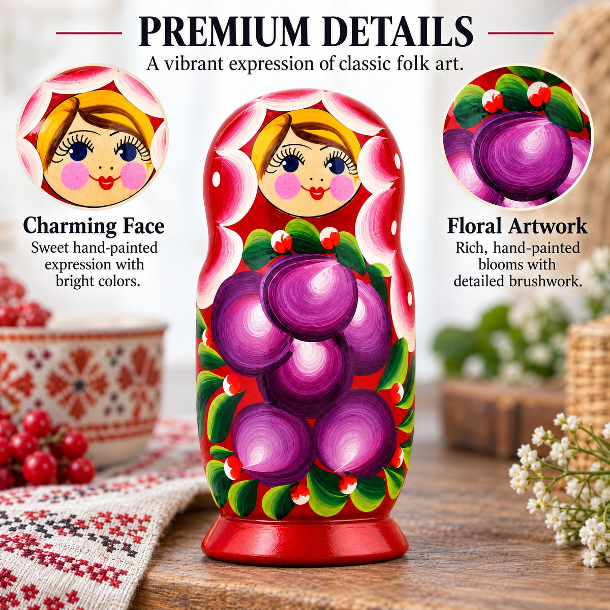 Set of 3 Wooden Floral Nesting Dolls - 3.5" Red Flower Matryoshka