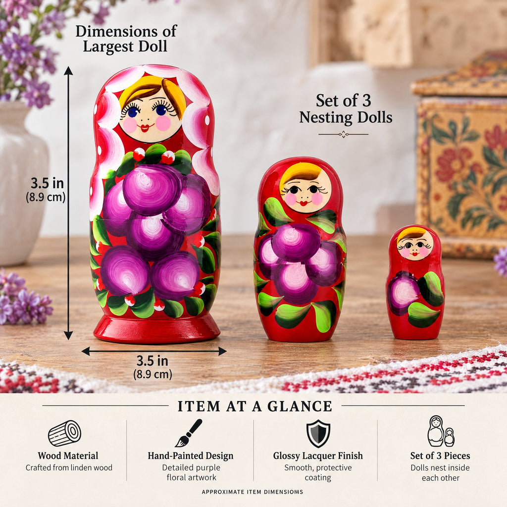 Set of 3 Wooden Floral Nesting Dolls - 3.5" Red Flower Matryoshka