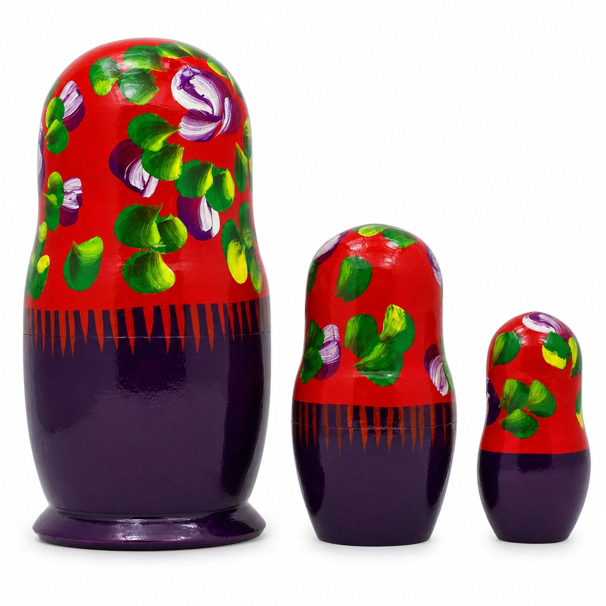 Set of 3 Wooden Floral Nesting Dolls - 3.5" Red & Purple Flower Matryoshka