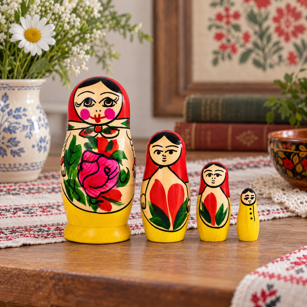 Set of 4 Wooden Rose Nesting Dolls - 4" Traditional Red Flower Matryoshka