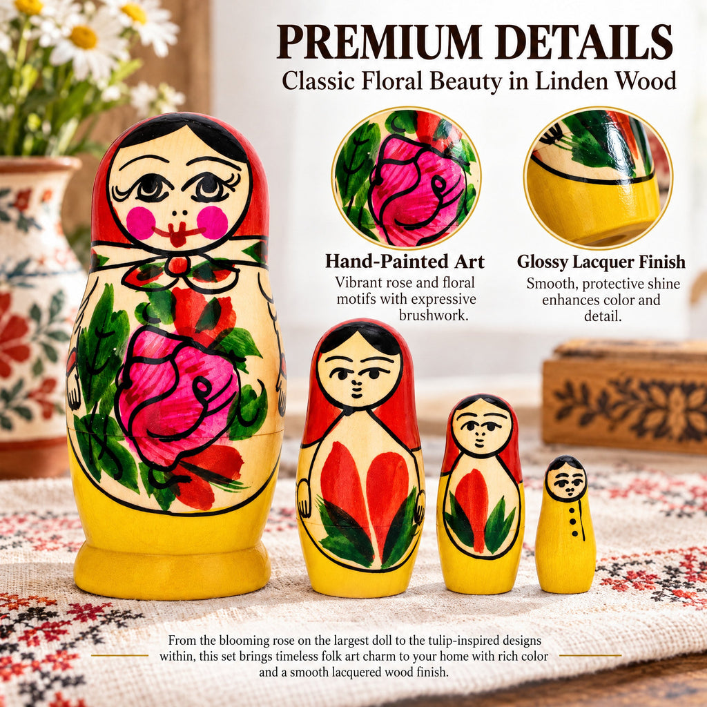 Set of 4 Wooden Rose Nesting Dolls - 4" Traditional Red Flower Matryoshka