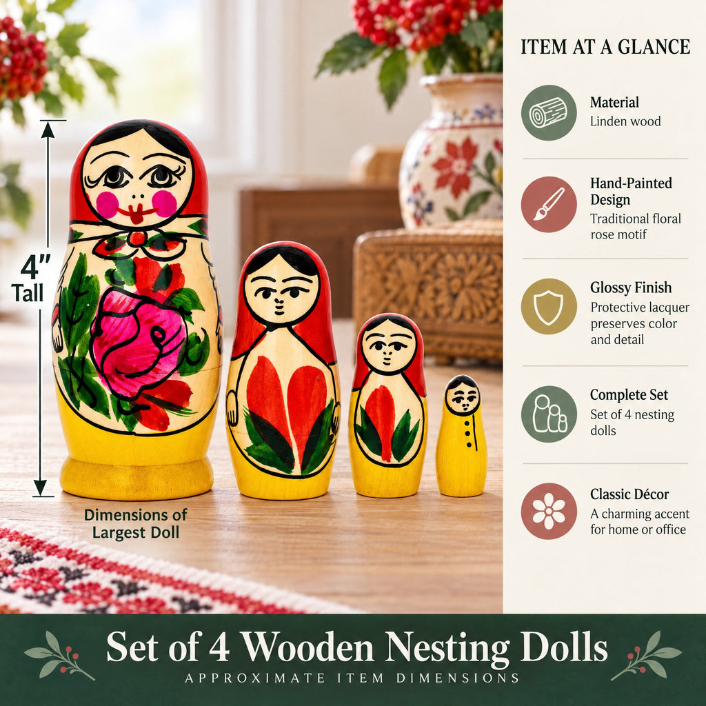 Set of 4 Wooden Rose Nesting Dolls - 4" Traditional Red Flower Matryoshka