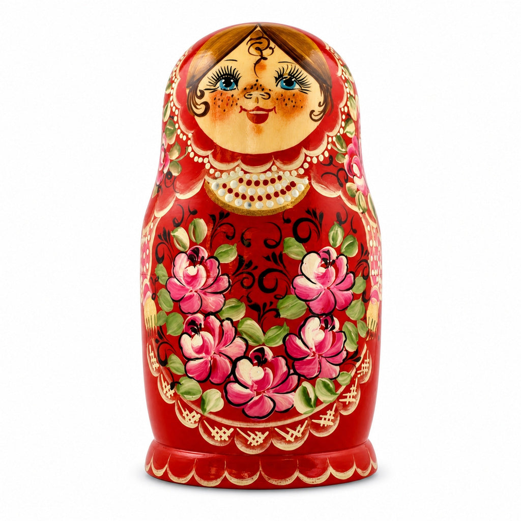 Set of Girls in Red Dress Wooden Nesting Dolls 7 Inches