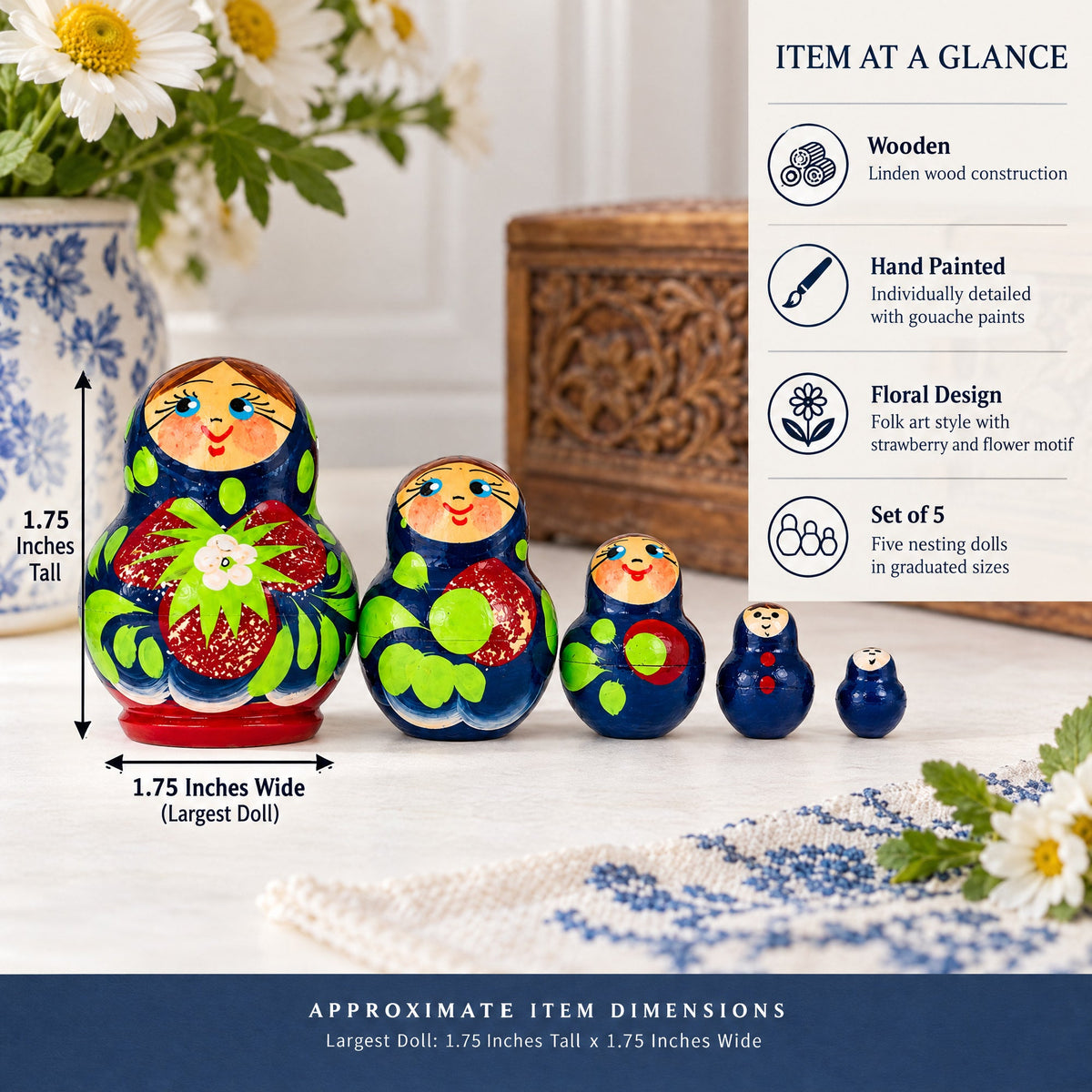 5 Miniature Strawberry Dress Nesting Dolls  1.75 Inches