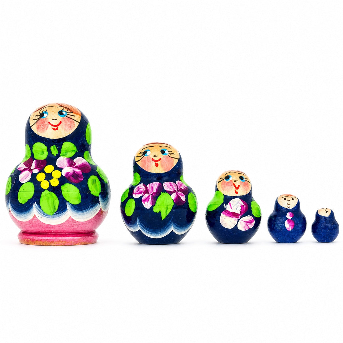 Set of 5 Wooden Floral Nesting Dolls - 3.5" Dark Blue Violet Matryoshka