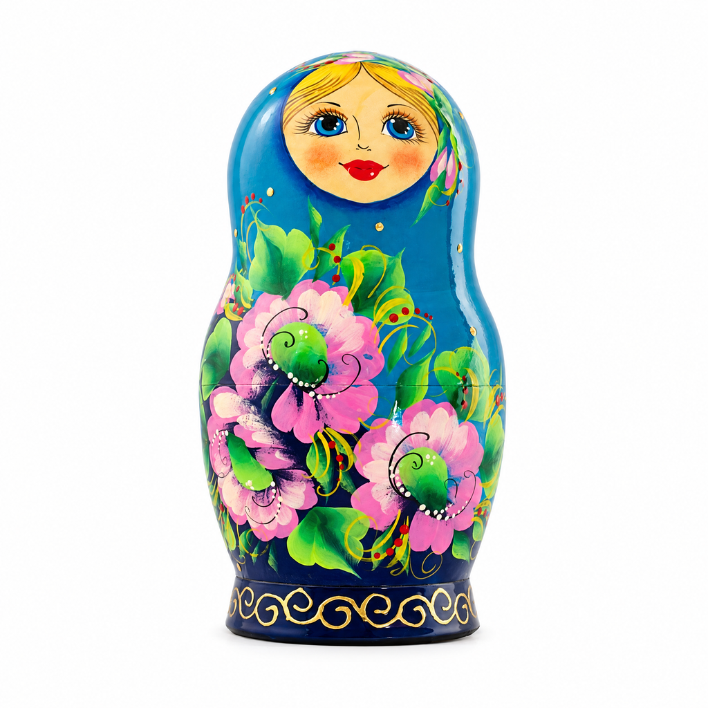 5 Turquoise Scarf with Poppy Flowers  Nesting Dolls 7 Inches