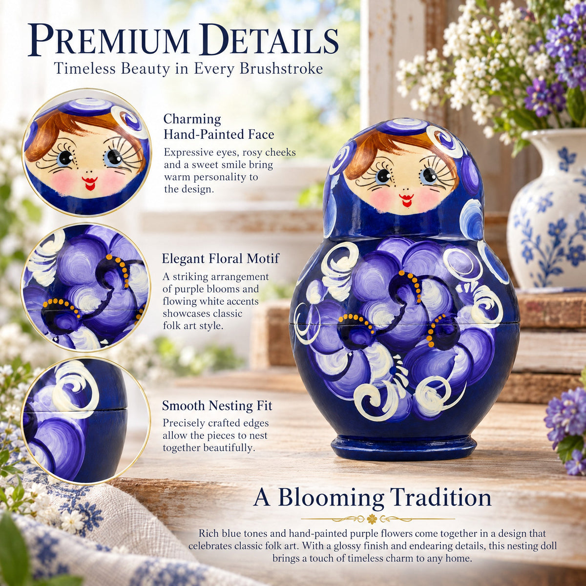 Set of 4 Wooden Floral Nesting Dolls - 3" Blue & Purple Flower Matryoshka