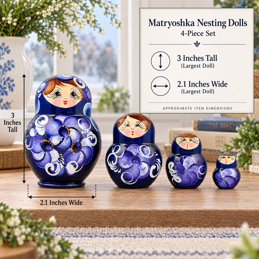 Set of 4 Wooden Floral Nesting Dolls - 3" Blue & Purple Flower Matryoshka