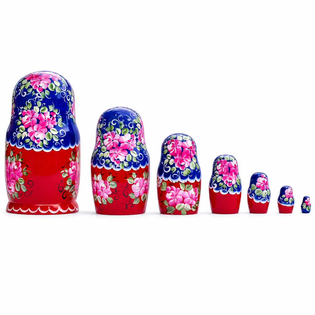 Set of 7 Blue Scarf Red Dress  Nesting Dolls 8.5 Inches