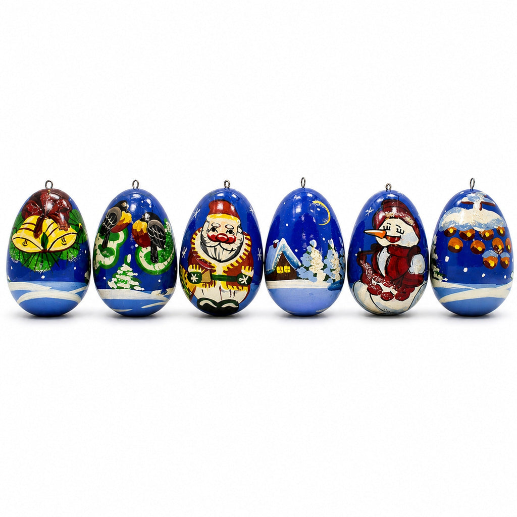6 Santa with Snowman and Birds Wooden Christmas Ornaments 2.25 Inches