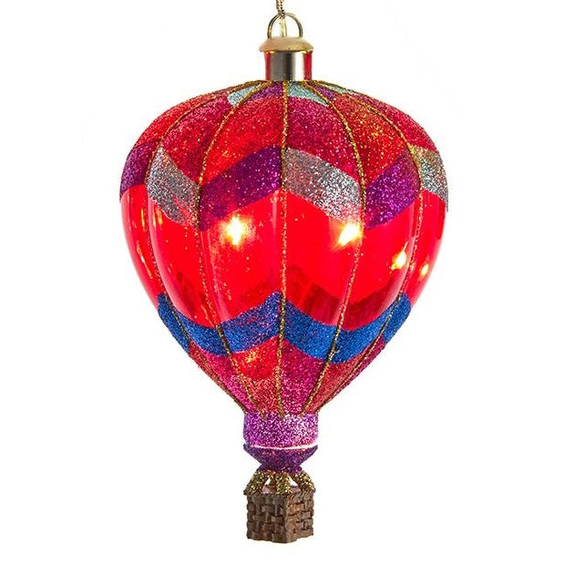 Glass USB powered LED Hot Air Balloon Ornament - Red Zigzag