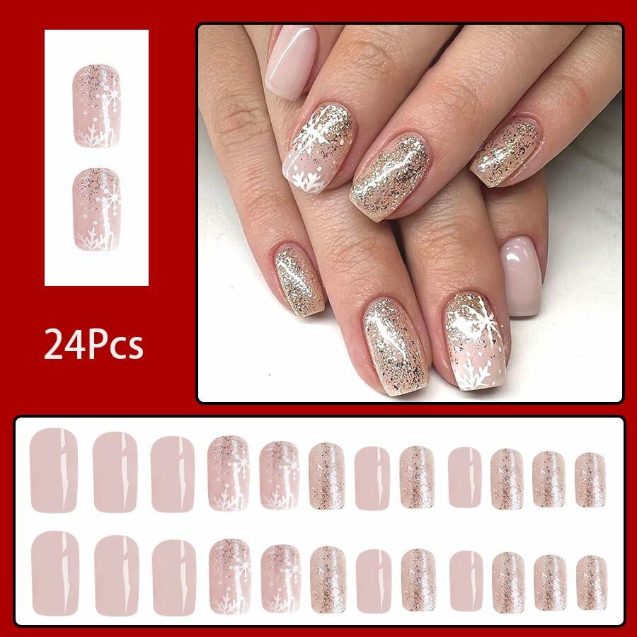 24 Pcs Medium Christmas Press-on Nails Glossy Design Square with Glue